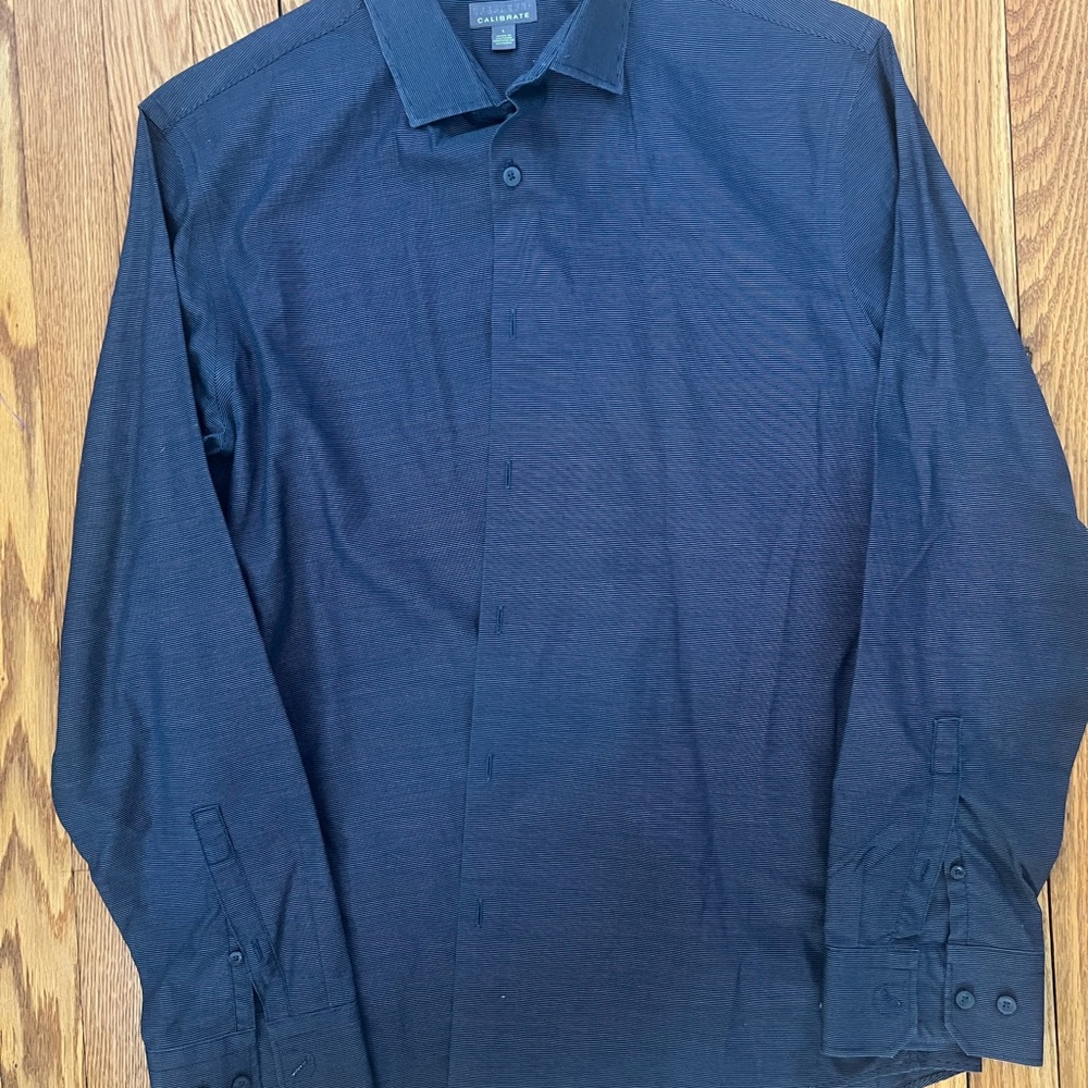 C2 by Calibrate Men’s Dark Navy Striped Dress Shirt (non iron)